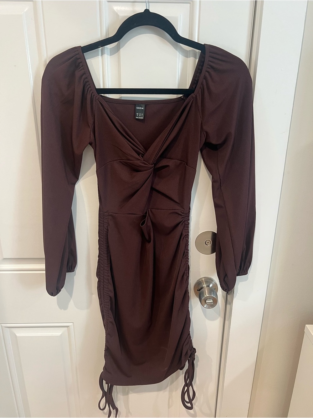 SHEIN Brown Ruched Long Sleeve Bodycon Dress